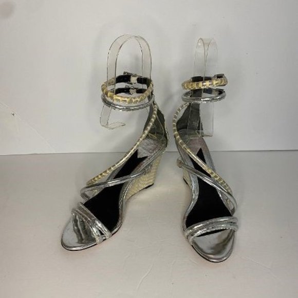 B BRIAN ATWOOD SEDINI Metallic Silver Leather Wedge Gladiator Sandals Size 8 - Picture 3 of 8